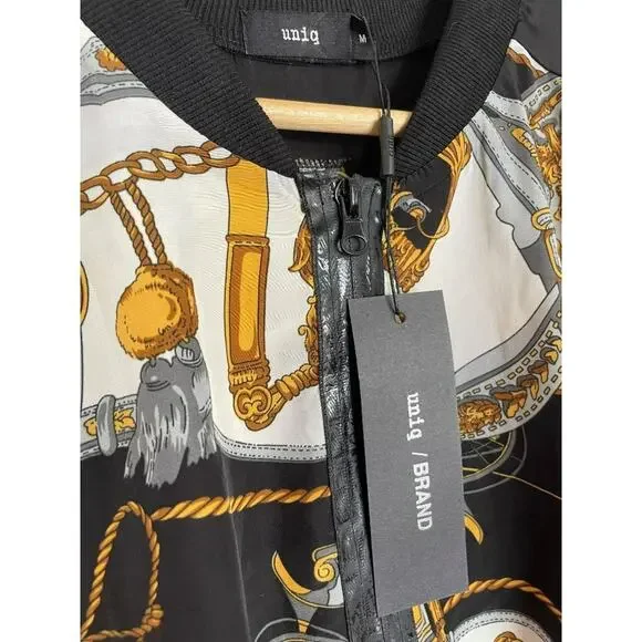 UNIQ Black, White & Gold Faux Silk Jacket Size Medium NWT - Picture 3 of 5